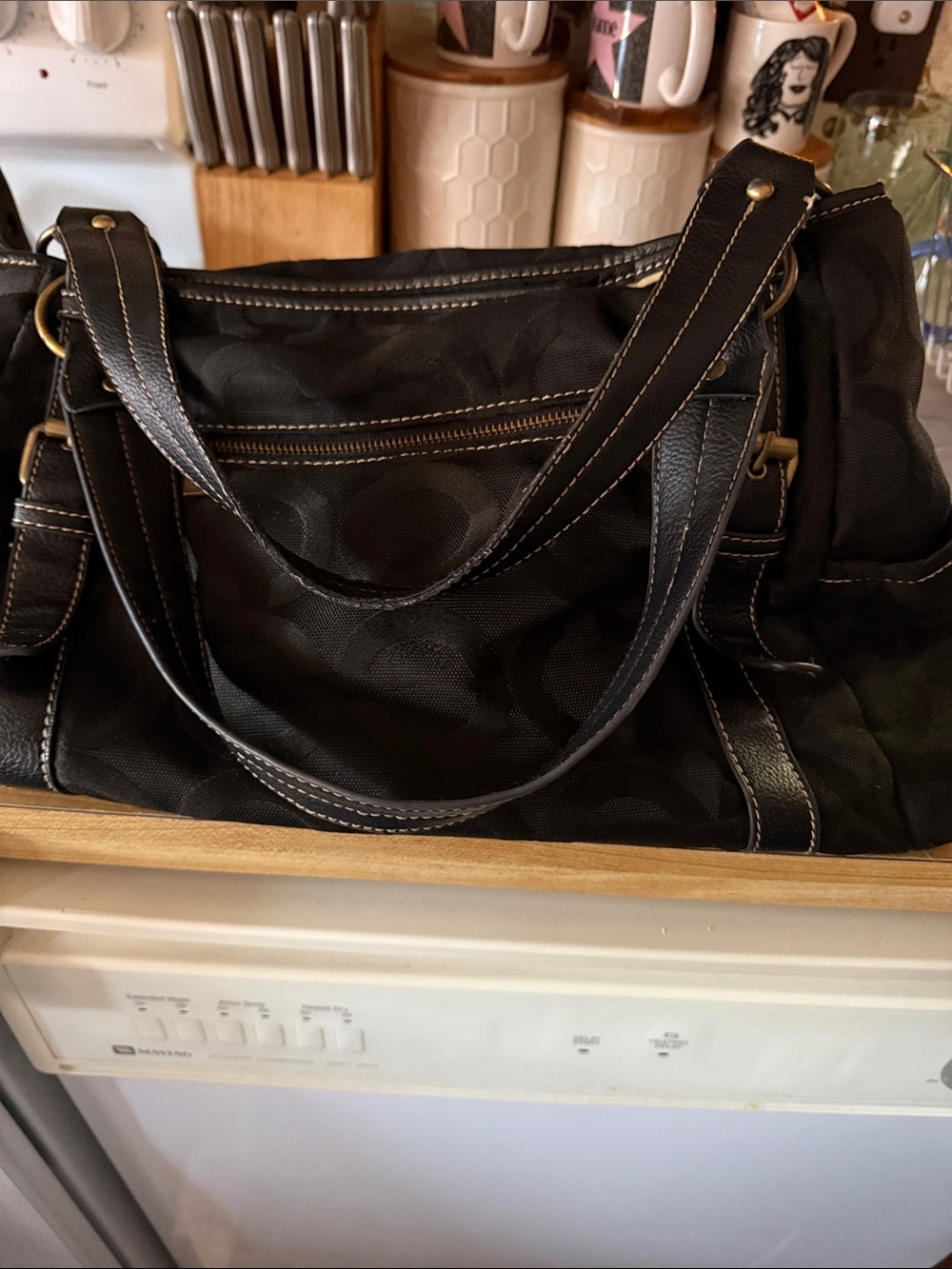 Coach Vintage Black Shoulder Bag with White Stitching